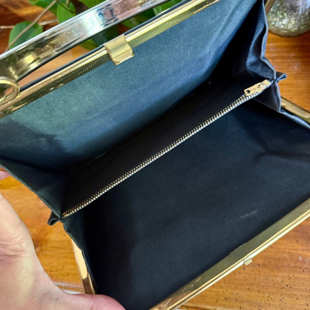 Vintage Black Structured Handbag Gold Frame Top Handle Purse 50s/60s Mod Kelly - Picture 7 of 9